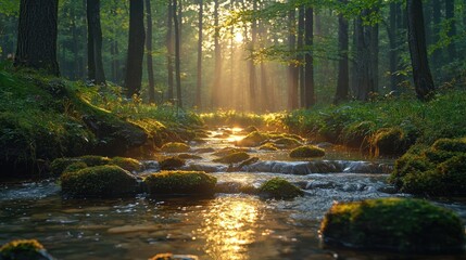 Fototapeta premium Sunlight streams through misty forest, creek flows through rocks
