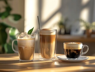 A table with 3 different coffees one ice coffee