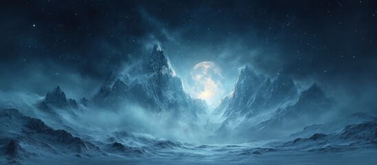 Fototapeta premium Frozen mountain peaks under a luminous moon
