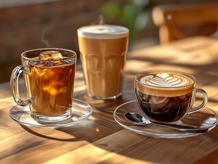 A table with 3 different coffees one ice coffee