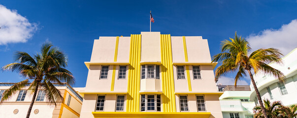 Miami South Beach in Ocean Drive. Art Deco building architecture. Architectural building. Art deco architectural district. Art Deco. Modern building of Miami beach. Famous street. Ocean drive © be free