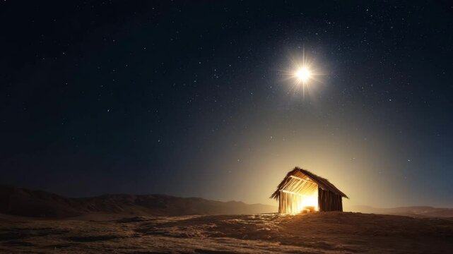 Small illuminated wooden hut sits alone in vast sandy desert beneath a starry sky with one radiant star shining directly above
