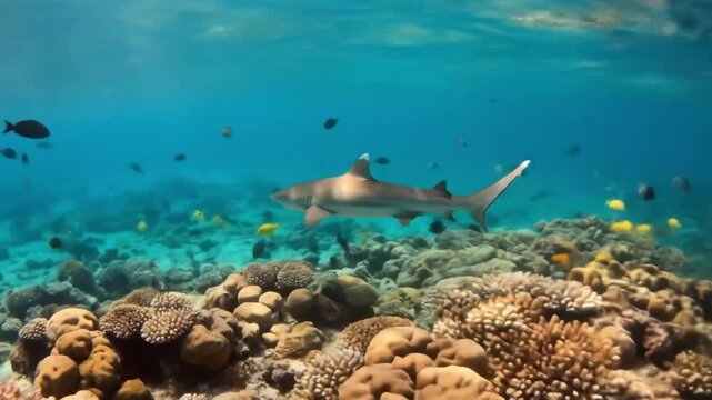 Underwater animation of shark swimming near vibrant coral reef in crystal clear ocean water