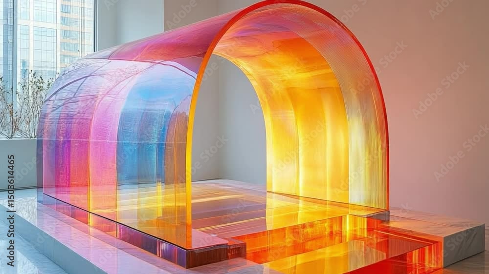 Poster Chromatic Pavilion: A striking, translucent structure exhibiting a vibrant spectrum of colors, blending light and form to create an immersive visual experience.