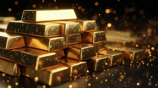 Shiny gold bullion bars stacked in a pyramid shape surrounded by floating golden sparkles on a dark reflective surface