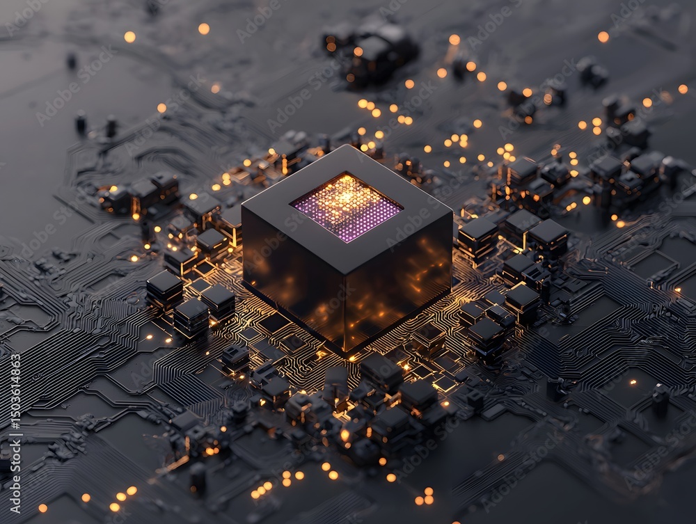 Poster glowing cube processor on dark circuit board