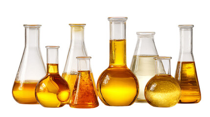 Collection of glass flasks with yellow liquid isolated on transparent background