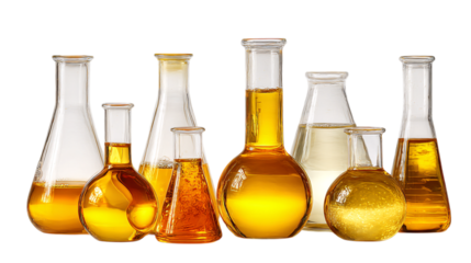 Collection of glass flasks with yellow liquid isolated on transparent background