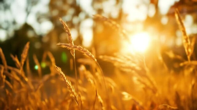 Golden Hour Sunset  Warm Light Illuminates Tall Grass Field