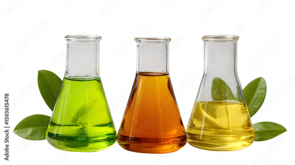 Poster three erlenmeyer flasks with oils isolated on transparent background