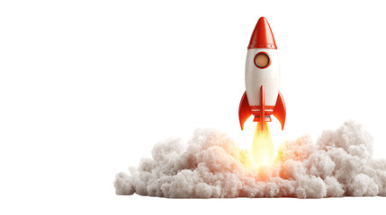 Red and white rocket launching isolated on transparent background