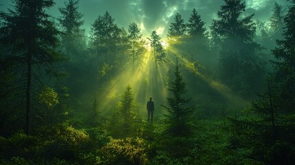 Sunbeams pierce misty forest, solitary figure