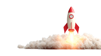 Red and white rocket launching isolated on transparent background