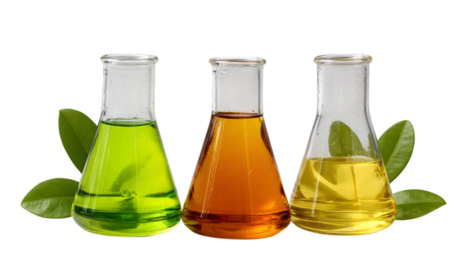 Three erlenmeyer flasks with oils isolated on transparent background