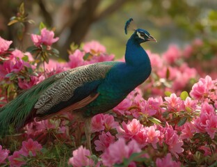 Obraz premium Peacock in vibrant pink azalea flower garden