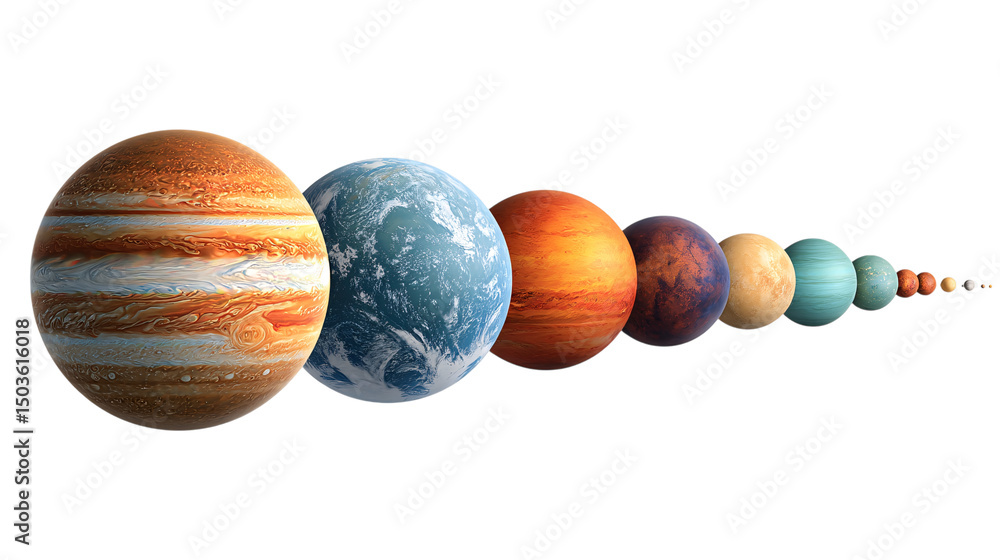 Poster solar system planets size comparison isolated on transparent background