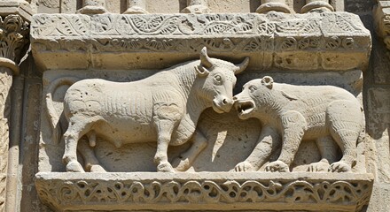 Medieval Stone Carving: Bull and Bear Encounter