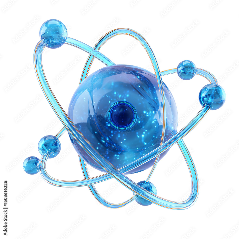 Poster 3d render of blue atom model isolated on transparent background