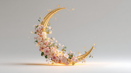3D render of shining crescent moon with floral decorations on a soft glowing background, Eid theme isolated on white background 