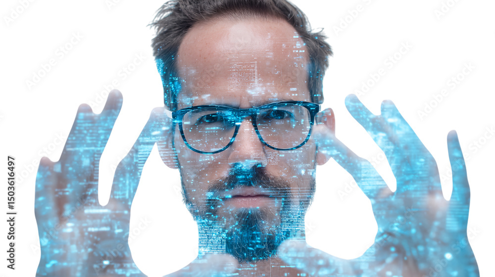 Poster man with glasses interacting with digital data isolated on transparent background