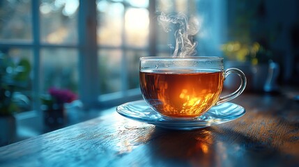 Cozy tea cup steaming near window