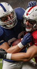 Football players engaged in a fierce tackle. This high-action shot captures the intensity and competitiveness of American football