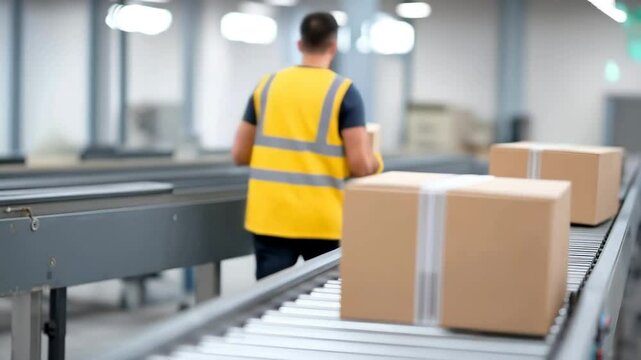 Warehouse worker lifting cardboard box on conveyor belt during package sorting process.