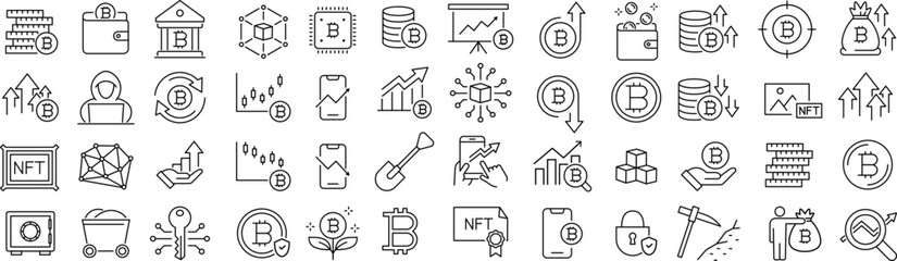 ベクターでモノクロの暗号資産に関する線画アイコンセット
