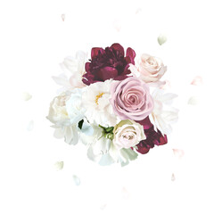 Dusty pink rose, blush ranunculus, white magnolia, peony vector design mono flowers bouquet. Flying petals. Wedding floral. Summer blooms watercolor composition. All elements are isolated and editable