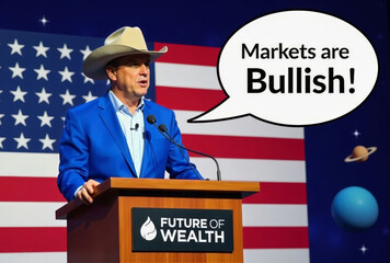 A innovator in a blue jacket, wearing a cowboy hat, speaking at a podium labeled "Future of Wealth," set against a U.S. flag with a speech bubble proclaiming "Markets are Bullish!"