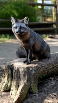 Silver fox sitting upright alert on a tree stump outside in natural light with brown eyes and gray fur and dark face