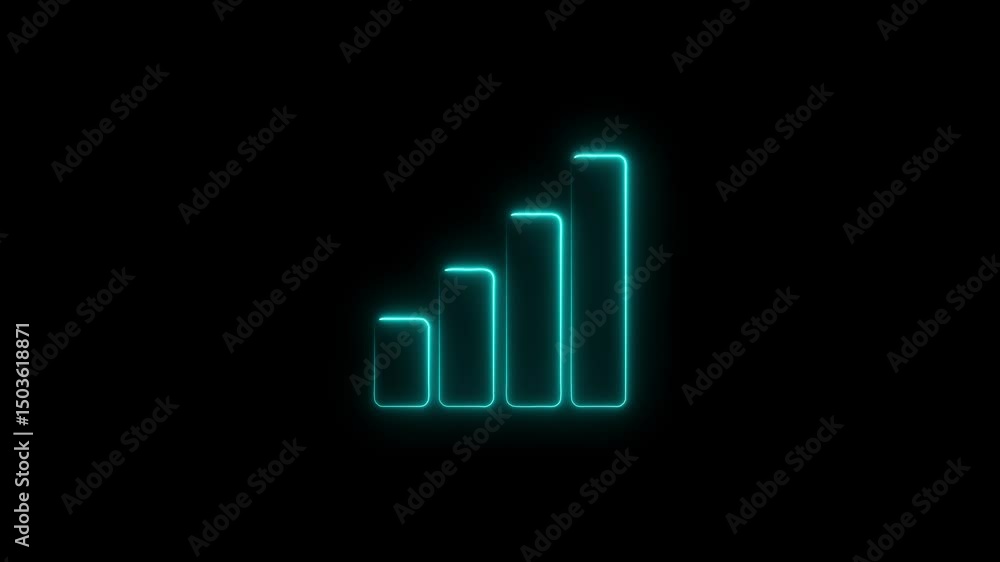 Poster animated glowing teal neon bar chart on black background for digital concepts
