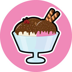 vector illustration of an ice cream with various flavors and toppings in a glass bowl