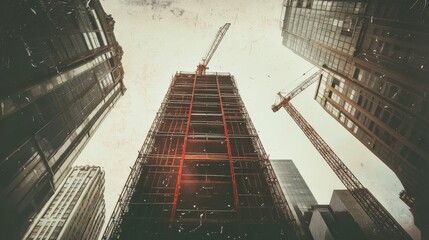 Construction of skyscraper with cranes against urban landscape