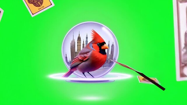 Northern Cardinal in a Glass Sphere with Cityscape Background, Green Screen