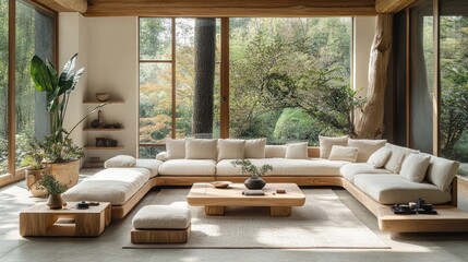 Modern, minimalist living room with natural light and wood accents.