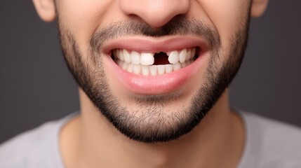 Close-up view of human teeth with missing tooth gap during dental examination by male doctor, showing oral health problems, dental loss, hygiene issues, treatment needs, professional checkup concept