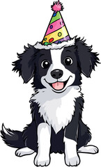 Happy chibi border collie dog with a birthday hat