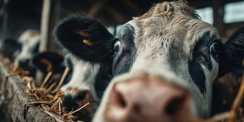 Dairy Cows Feeding from a Trough on a Farm