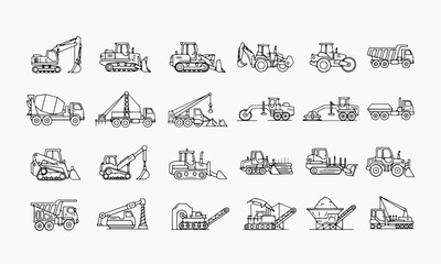 A comprehensive set of thin outline vector icons depicting various types of heavy construction vehicles, industrial machinery, and earthmoving equipment. 