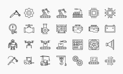 A comprehensive set of thin outline vector icons representing various aspects of robotics, industrial automation, manufacturing, electronics, and mechanical engineering