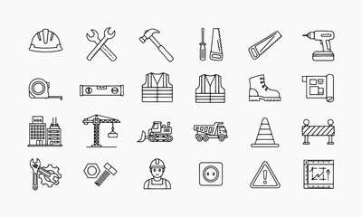 Construction and Building Tools Outline Icon Set