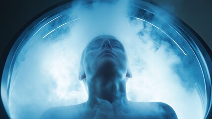 Person in Cryo Chamber with Vapor, Eyes Closed, Futuristic Technology