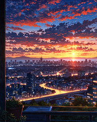 aerial digital view of city at sunset with orange sky and clouds glowing in soft warm tones over urban skyline silhouette anime style illustration wallpaper background