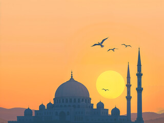 Naklejka premium Sunset silhouette of mosque with minarets and birds, ideal for Ramadan or Islamic reflections. Generative AI