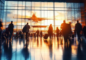 People walking and carrying luggage in an airport terminal with large glass windows showing an airplane taking off at sunset