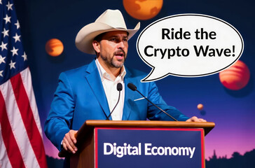 A crypto evangelist in a blue jacket, wearing a cowboy hat, speaking at a podium with "Digital Economy", a space-themed, with a speech bubble proclaiming "Ride the Crypto Wave!"