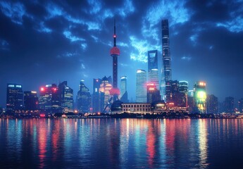 Naklejka premium City skyline at night with illuminated modern skyscrapers reflecting colorful lights on calm water under a cloudy blue sky