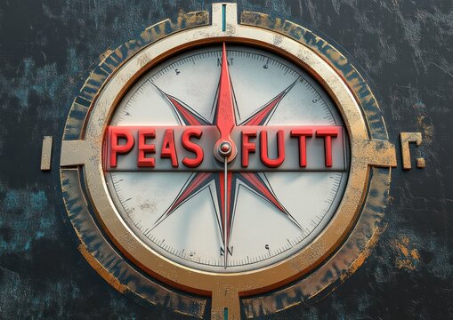 Old rusty compass with a red and black star design displaying the words 'PEAS FUTT' in bold red letters across the center on a textured dark background