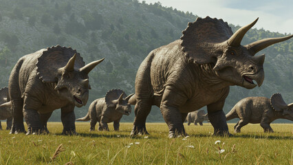 Fototapeta premium Herd of Triceratops Crossing the Plains